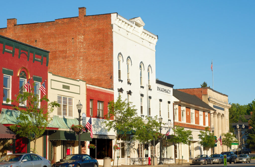 The charming old-fashioned Main Street of Chagrin Falls Ohio in early evening light